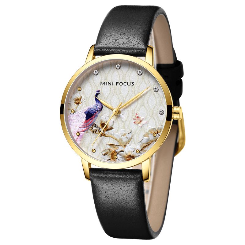 Mode Femmes Paon Fleur Motif Véritable Montre À Quartz En Cuir