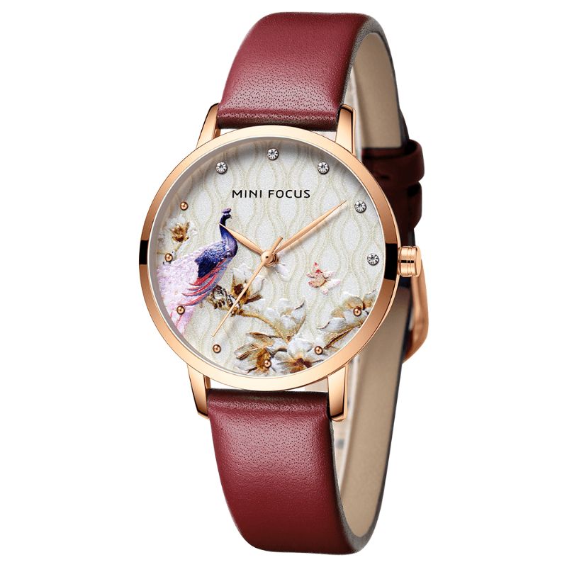 Mode Femmes Paon Fleur Motif Véritable Montre À Quartz En Cuir