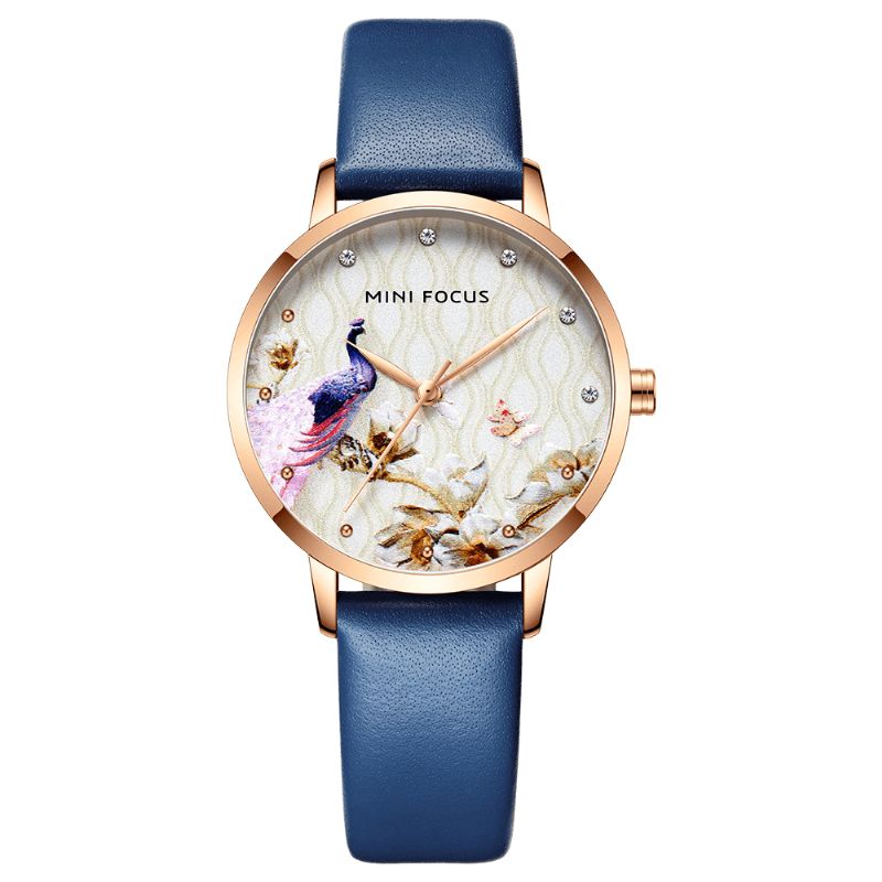 Mode Femmes Paon Fleur Motif Véritable Montre À Quartz En Cuir