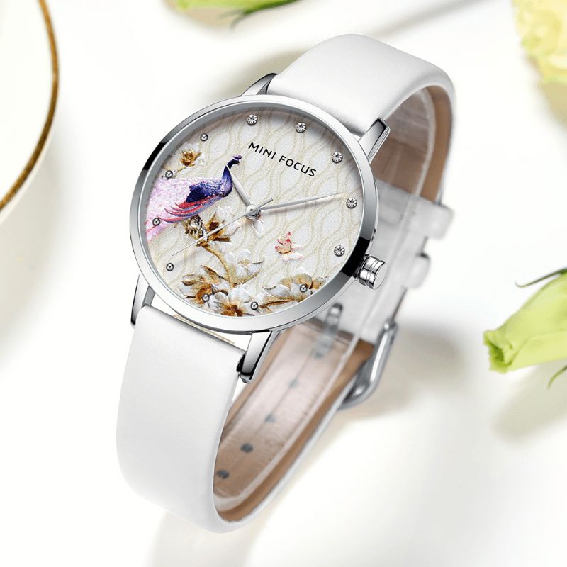 Mode Femmes Paon Fleur Motif Véritable Montre À Quartz En Cuir