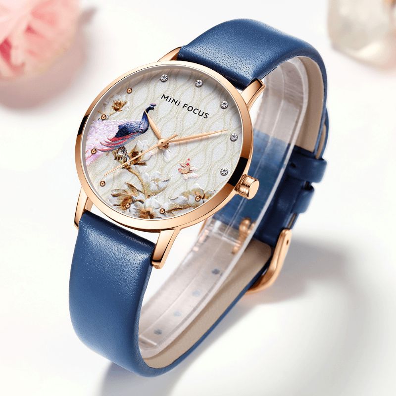 Mode Femmes Paon Fleur Motif Véritable Montre À Quartz En Cuir