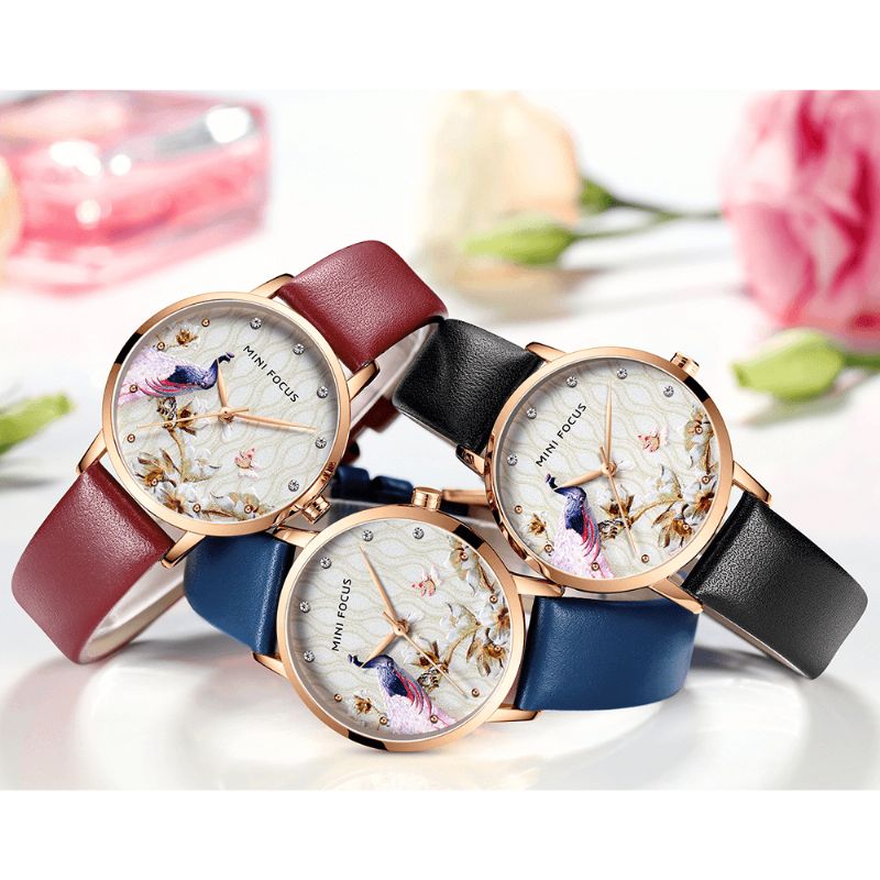 Mode Femmes Paon Fleur Motif Véritable Montre À Quartz En Cuir