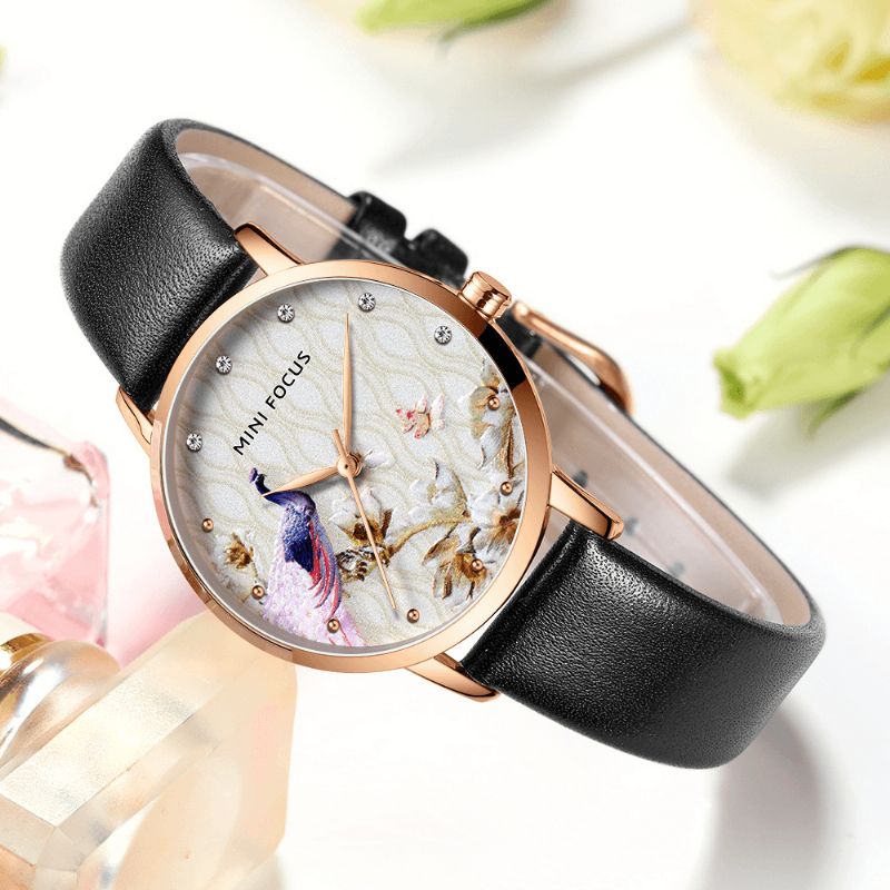 Mode Femmes Paon Fleur Motif Véritable Montre À Quartz En Cuir