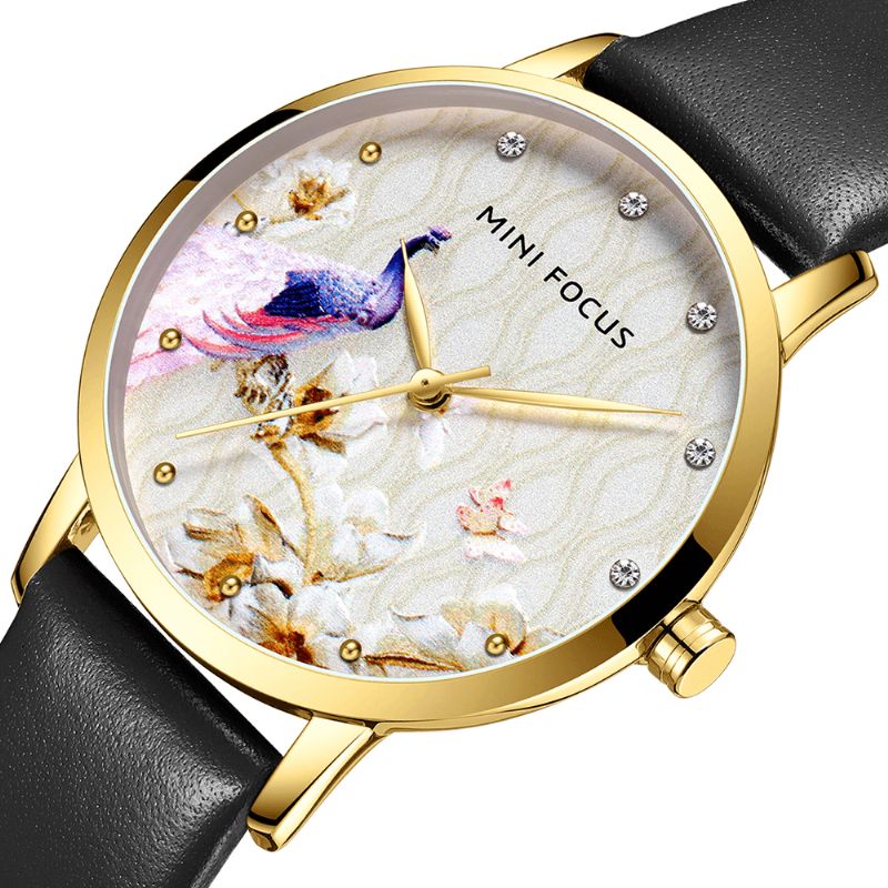 Mode Femmes Paon Fleur Motif Véritable Montre À Quartz En Cuir