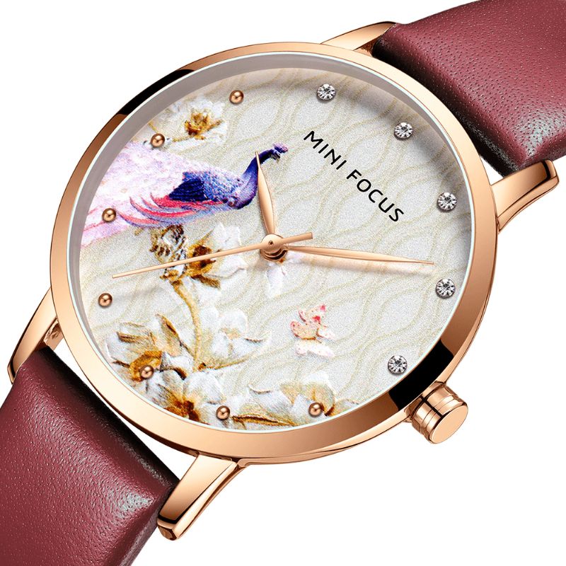 Mode Femmes Paon Fleur Motif Véritable Montre À Quartz En Cuir