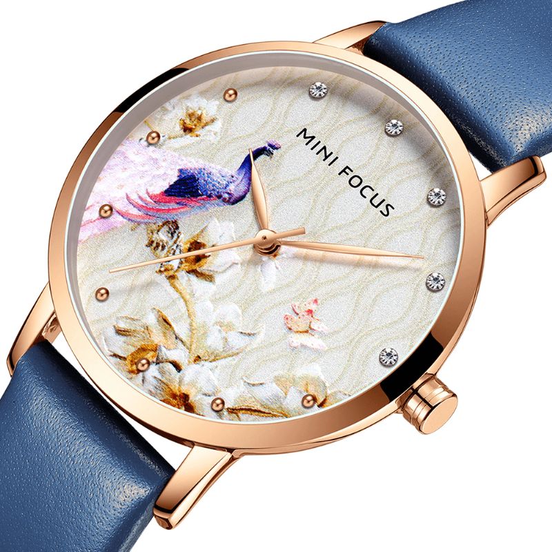 Mode Femmes Paon Fleur Motif Véritable Montre À Quartz En Cuir