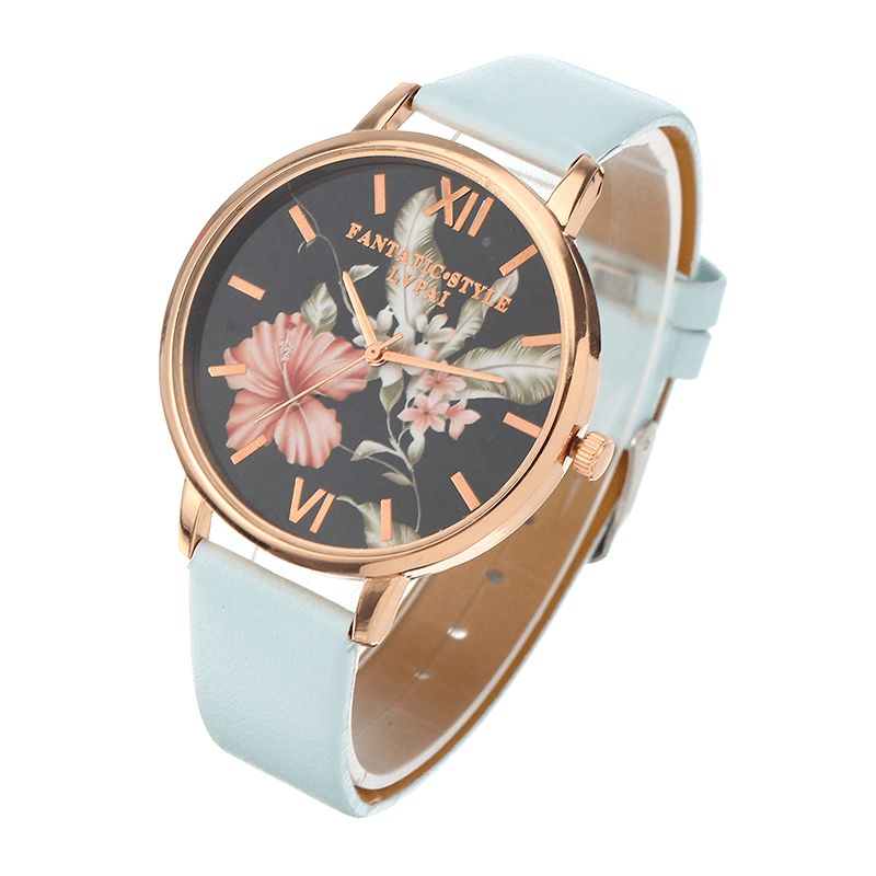 Mode Flower Pattern Bracelet En Cuir Pu Montre-bracelet Pour Femme Montre À Quartz Pour Femme