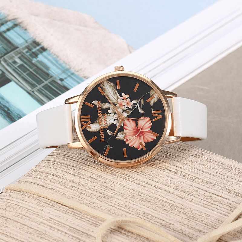 Mode Flower Pattern Bracelet En Cuir Pu Montre-bracelet Pour Femme Montre À Quartz Pour Femme