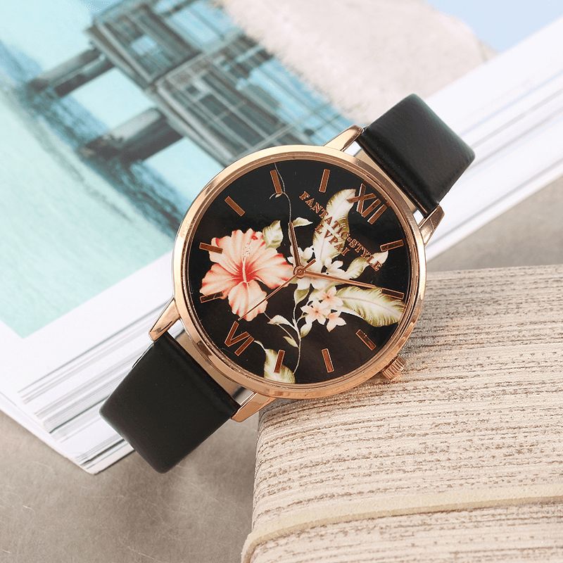 Mode Flower Pattern Bracelet En Cuir Pu Montre-bracelet Pour Femme Montre À Quartz Pour Femme