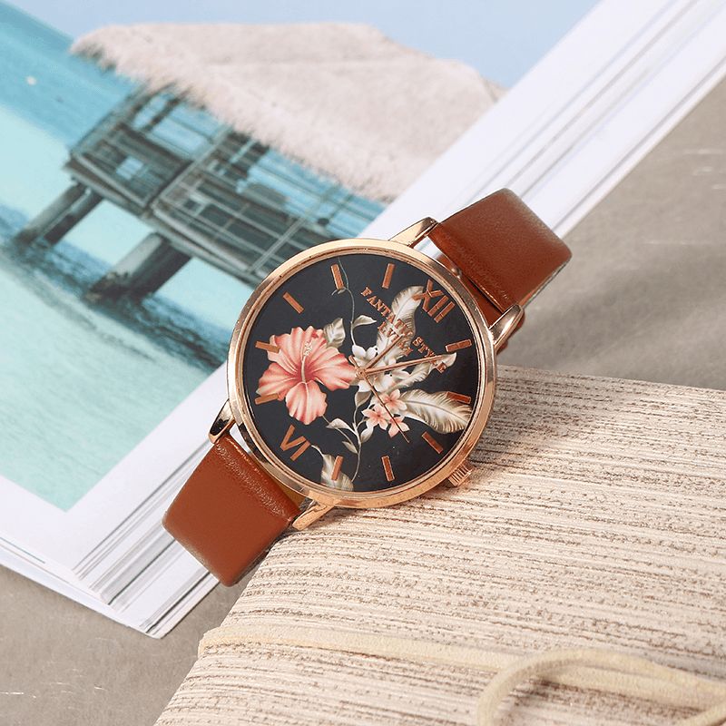 Mode Flower Pattern Bracelet En Cuir Pu Montre-bracelet Pour Femme Montre À Quartz Pour Femme