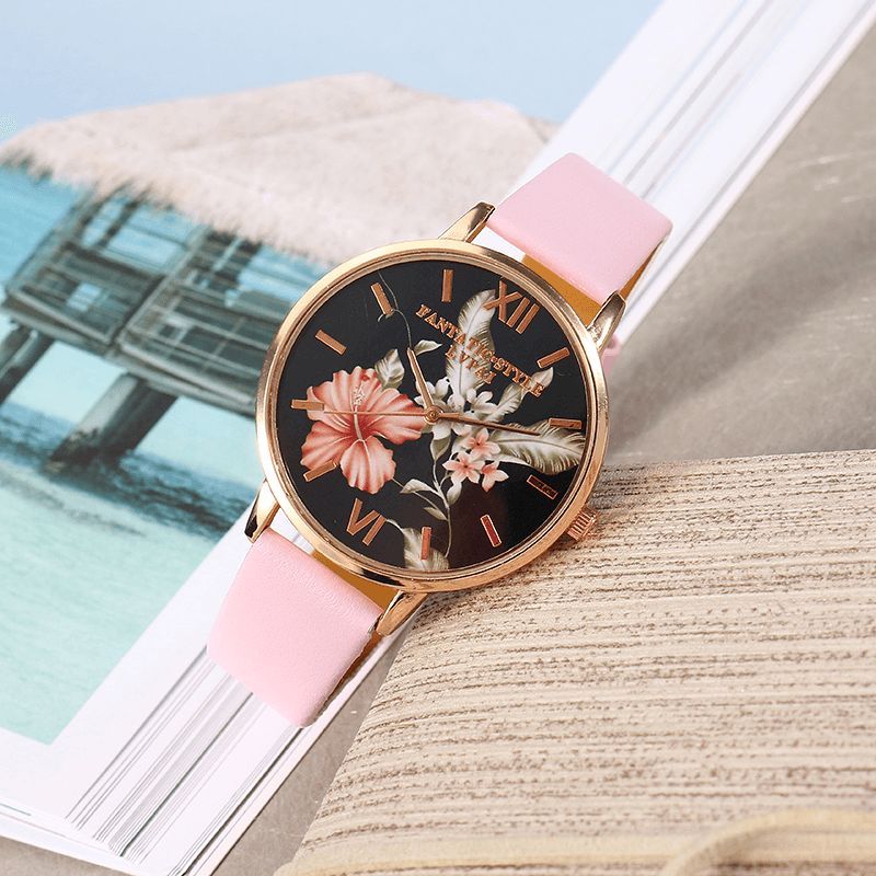 Mode Flower Pattern Bracelet En Cuir Pu Montre-bracelet Pour Femme Montre À Quartz Pour Femme