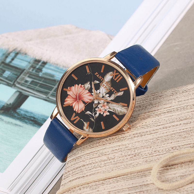 Mode Flower Pattern Bracelet En Cuir Pu Montre-bracelet Pour Femme Montre À Quartz Pour Femme