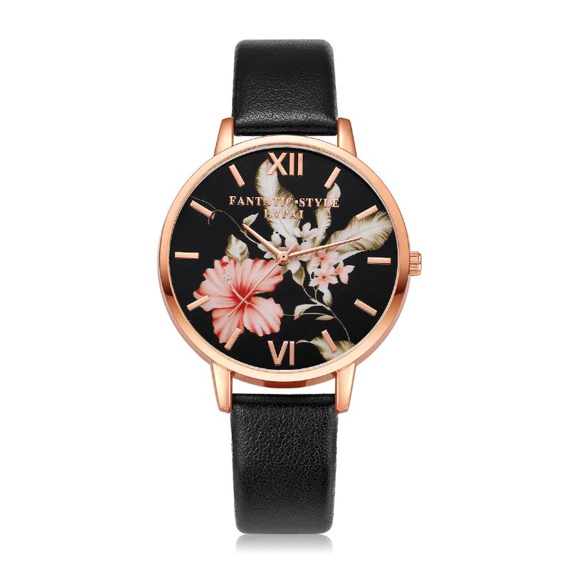 Mode Flower Pattern Bracelet En Cuir Pu Montre-bracelet Pour Femme Montre À Quartz Pour Femme