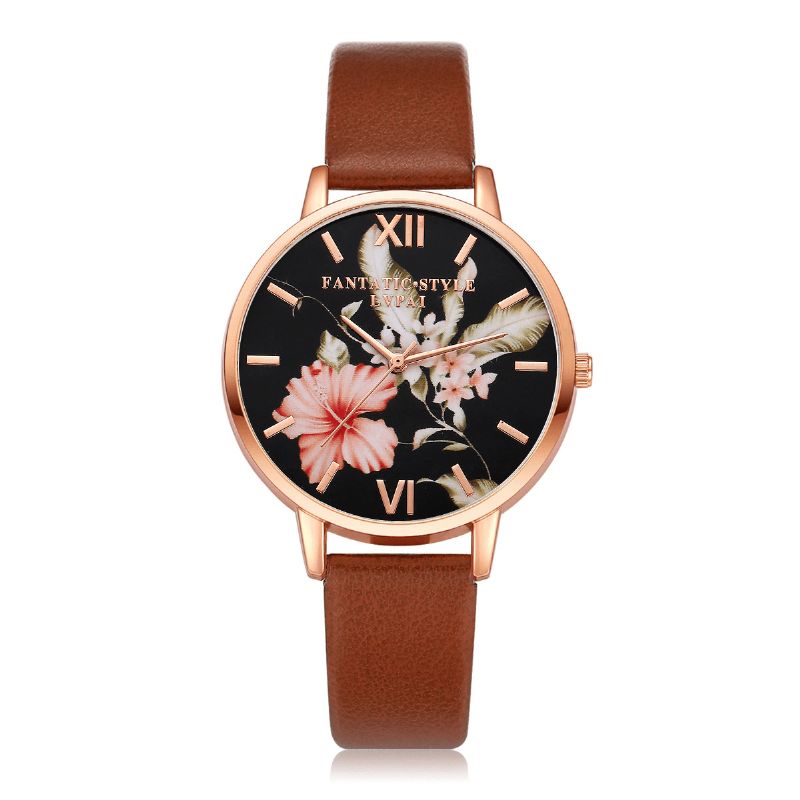 Mode Flower Pattern Bracelet En Cuir Pu Montre-bracelet Pour Femme Montre À Quartz Pour Femme