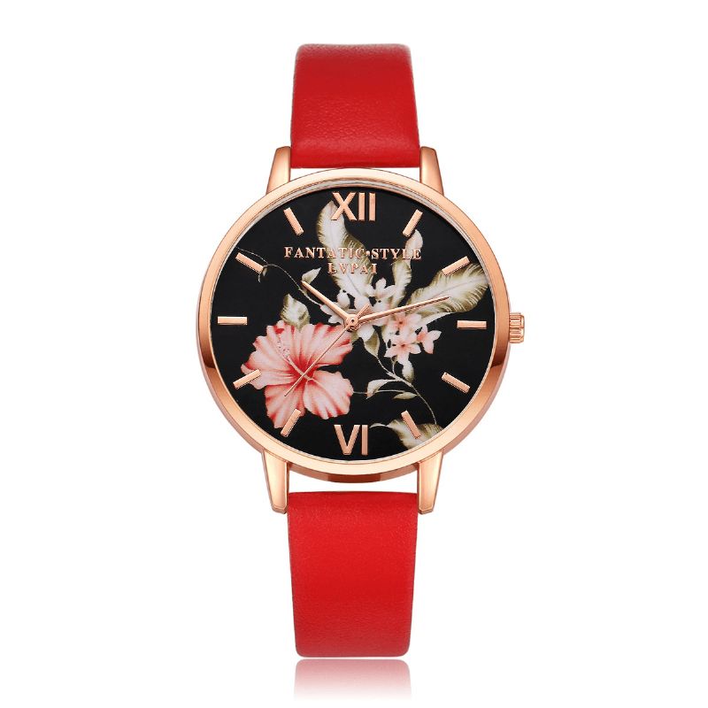 Mode Flower Pattern Bracelet En Cuir Pu Montre-bracelet Pour Femme Montre À Quartz Pour Femme