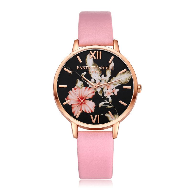 Mode Flower Pattern Bracelet En Cuir Pu Montre-bracelet Pour Femme Montre À Quartz Pour Femme