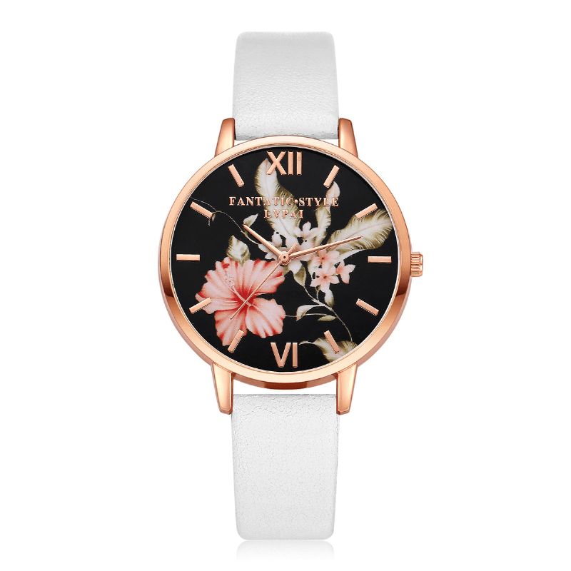 Mode Flower Pattern Bracelet En Cuir Pu Montre-bracelet Pour Femme Montre À Quartz Pour Femme