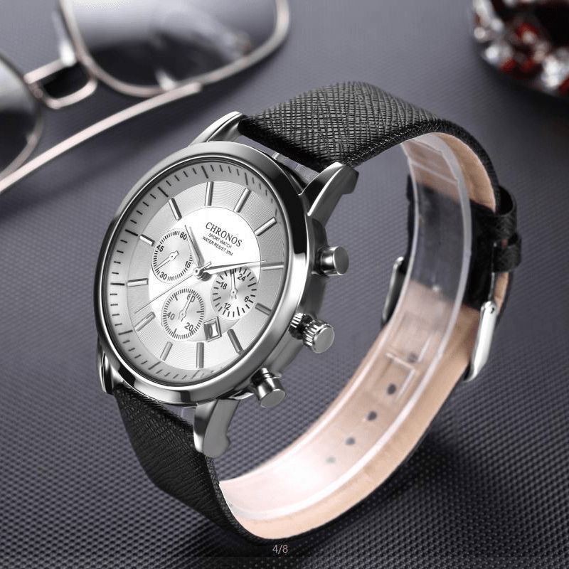 Mode Homme Montre Affichage De La Date Bracelet En Cuir Étanche Montre À Quartz