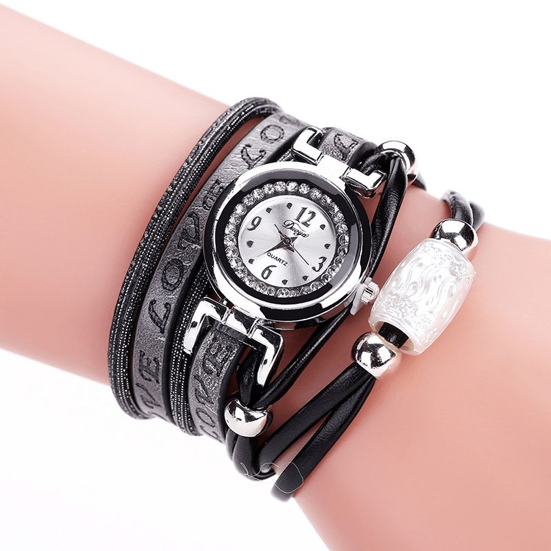 Mode Luxe Strass Pu Cuir Femmes Montre À Quartz Bracelet Montre