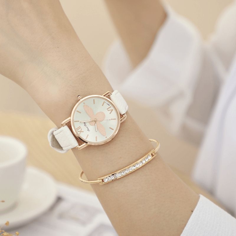 Mode Mignon Femmes Montres Boîtier En Or Rose Bracelet En Cuir Chiffres Romains Abeille Montres À Quartz