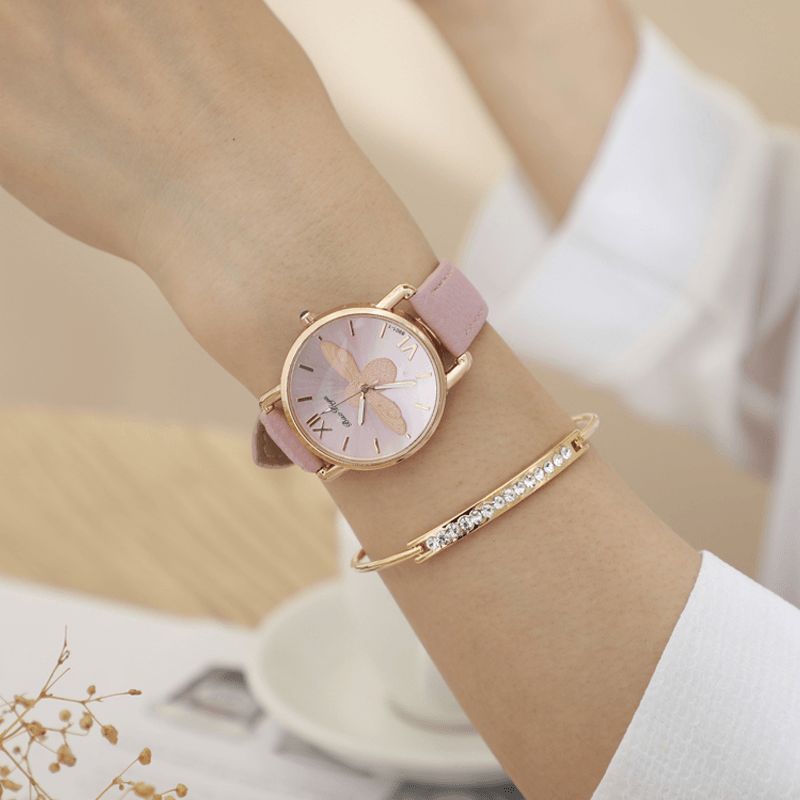 Mode Mignon Femmes Montres Boîtier En Or Rose Bracelet En Cuir Chiffres Romains Abeille Montres À Quartz