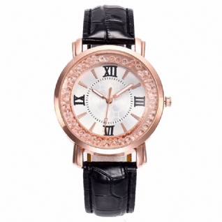 Mode Or Rose Coulant Cristal Chiffres Romains Dames Robe Bracelet En Cuir Femmes Montre À Quartz