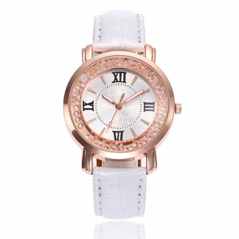 Mode Or Rose Coulant Cristal Chiffres Romains Dames Robe Bracelet En Cuir Femmes Montre À Quartz