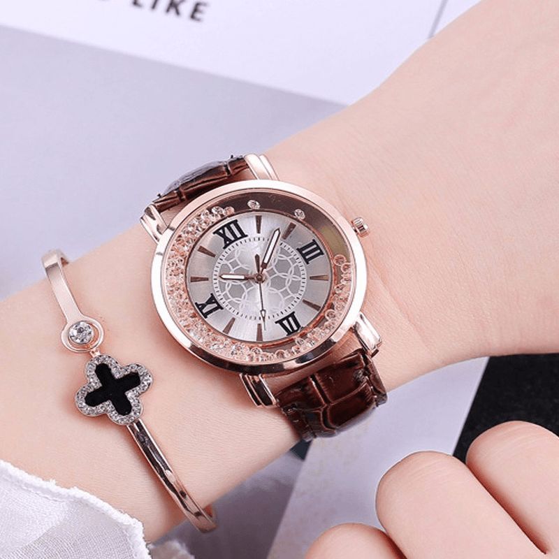 Mode Or Rose Coulant Cristal Chiffres Romains Dames Robe Bracelet En Cuir Femmes Montre À Quartz