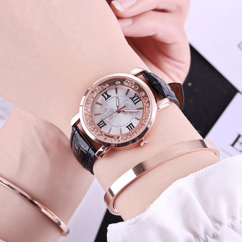 Mode Or Rose Coulant Cristal Chiffres Romains Dames Robe Bracelet En Cuir Femmes Montre À Quartz