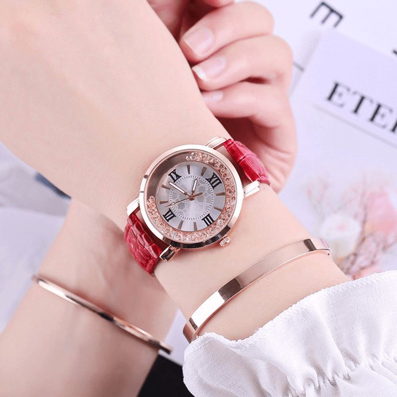 Mode Or Rose Coulant Cristal Chiffres Romains Dames Robe Bracelet En Cuir Femmes Montre À Quartz