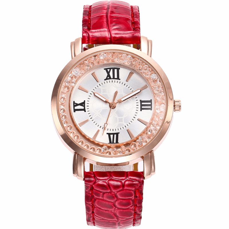 Mode Or Rose Coulant Cristal Chiffres Romains Dames Robe Bracelet En Cuir Femmes Montre À Quartz