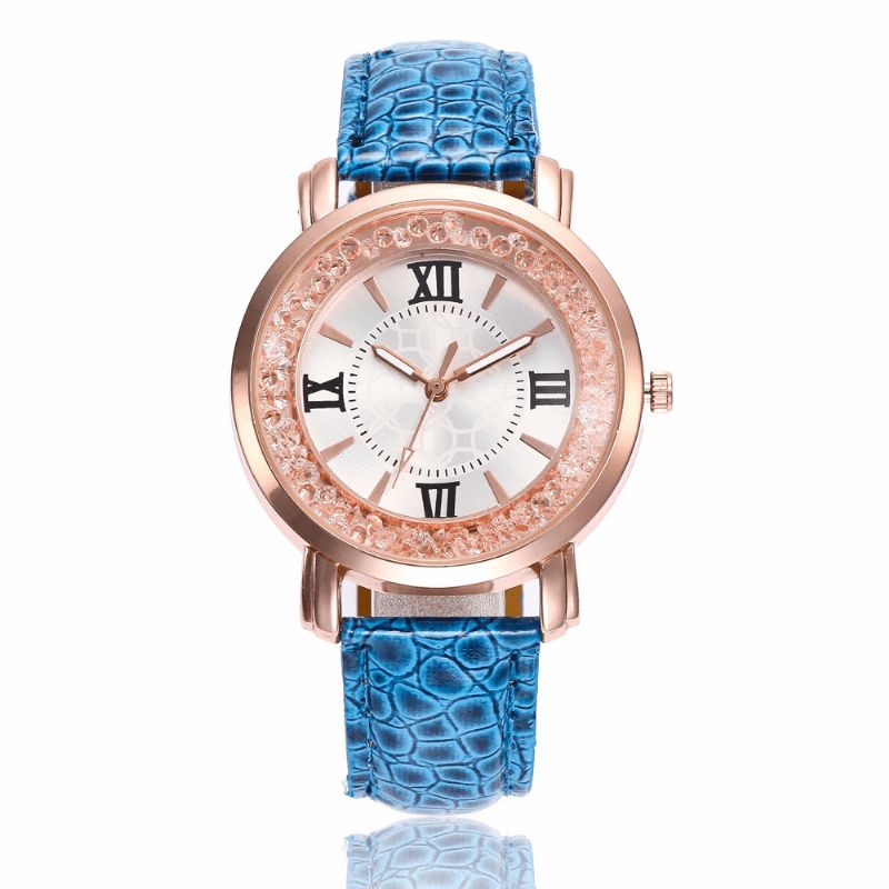 Mode Or Rose Coulant Cristal Chiffres Romains Dames Robe Bracelet En Cuir Femmes Montre À Quartz