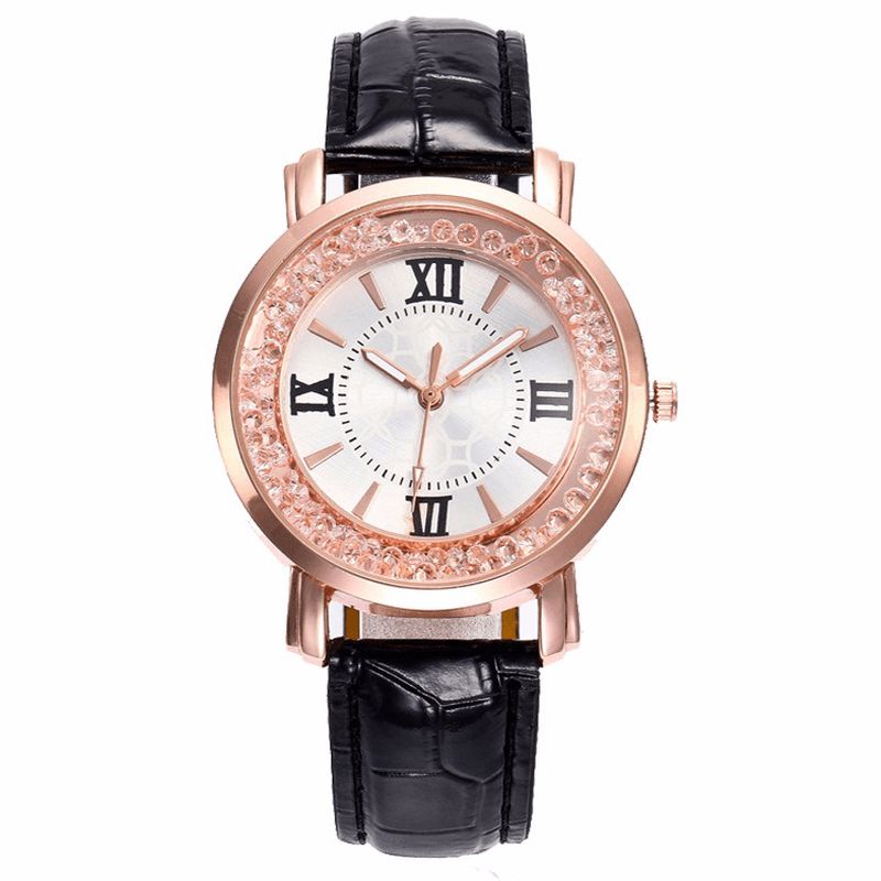 Mode Or Rose Coulant Cristal Chiffres Romains Dames Robe Bracelet En Cuir Femmes Montre À Quartz