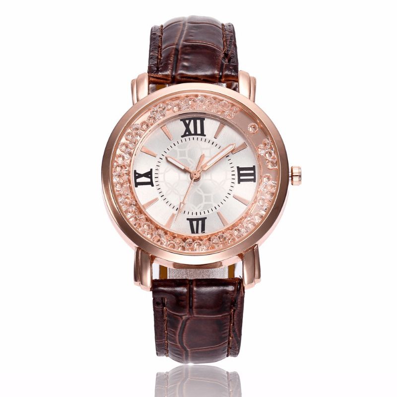 Mode Or Rose Coulant Cristal Chiffres Romains Dames Robe Bracelet En Cuir Femmes Montre À Quartz