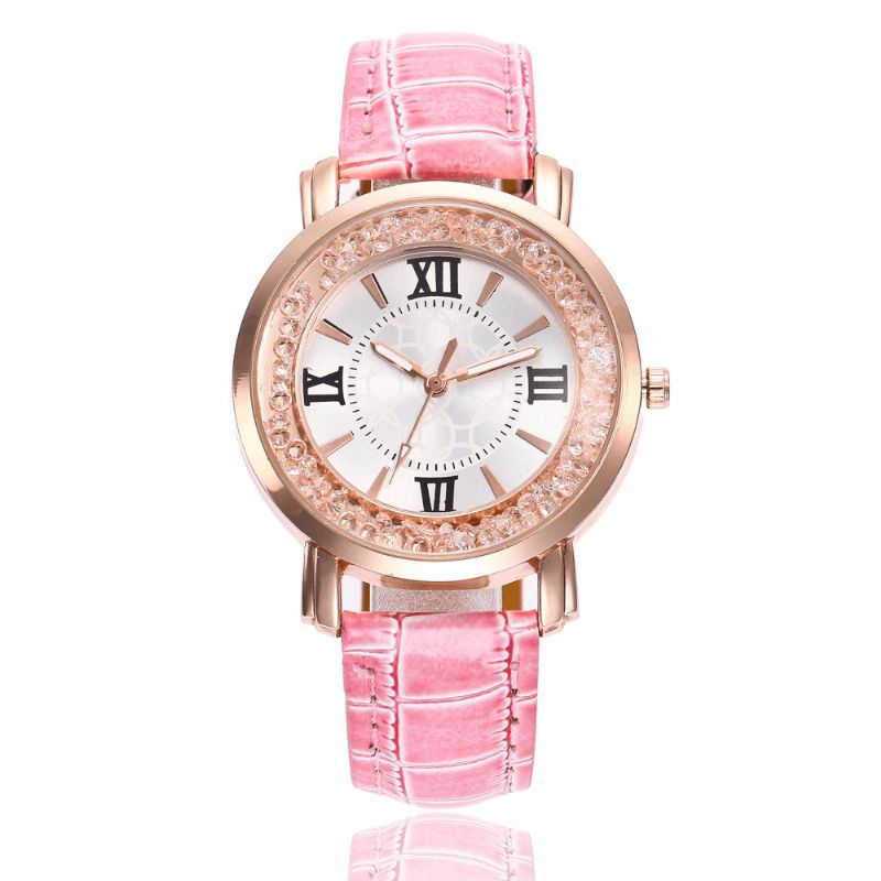 Mode Or Rose Coulant Cristal Chiffres Romains Dames Robe Bracelet En Cuir Femmes Montre À Quartz