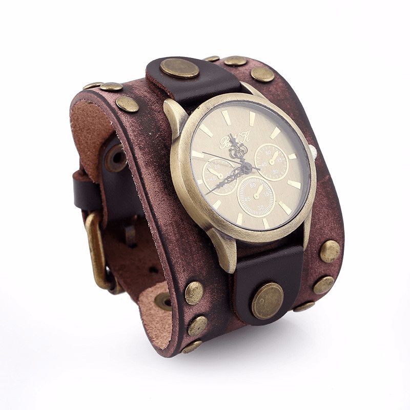 Mode Punk Vintage En Cuir Véritable Hommes Montre À Quartz Bracelet Montre