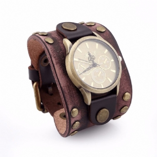 Mode Punk Vintage En Cuir Véritable Hommes Montre À Quartz Bracelet Montre