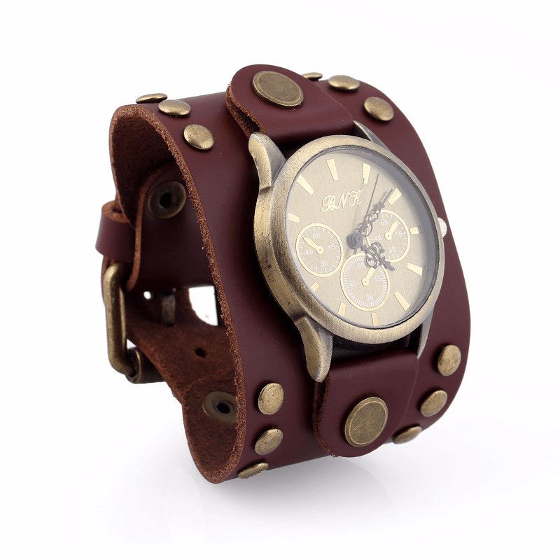 Mode Punk Vintage En Cuir Véritable Hommes Montre À Quartz Bracelet Montre