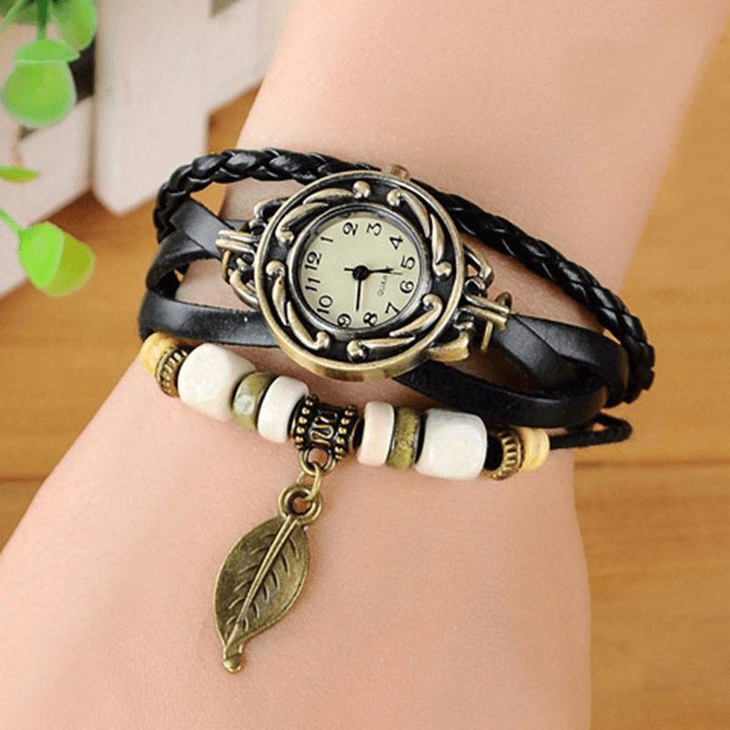 Mode Style Ethnique Feuille Motif Pu Bracelet En Cuir Femmes Bracelet Montre À Quartz Montre