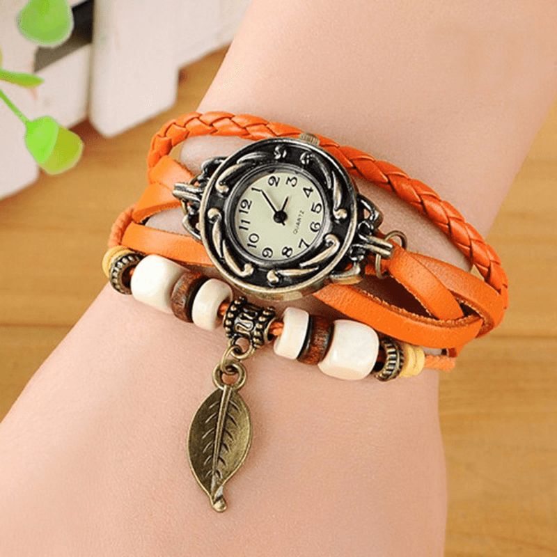 Mode Style Ethnique Feuille Motif Pu Bracelet En Cuir Femmes Bracelet Montre À Quartz Montre