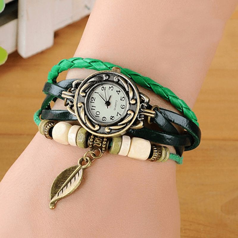 Mode Style Ethnique Feuille Motif Pu Bracelet En Cuir Femmes Bracelet Montre À Quartz Montre