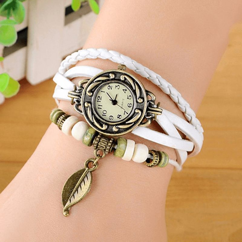 Mode Style Ethnique Feuille Motif Pu Bracelet En Cuir Femmes Bracelet Montre À Quartz Montre