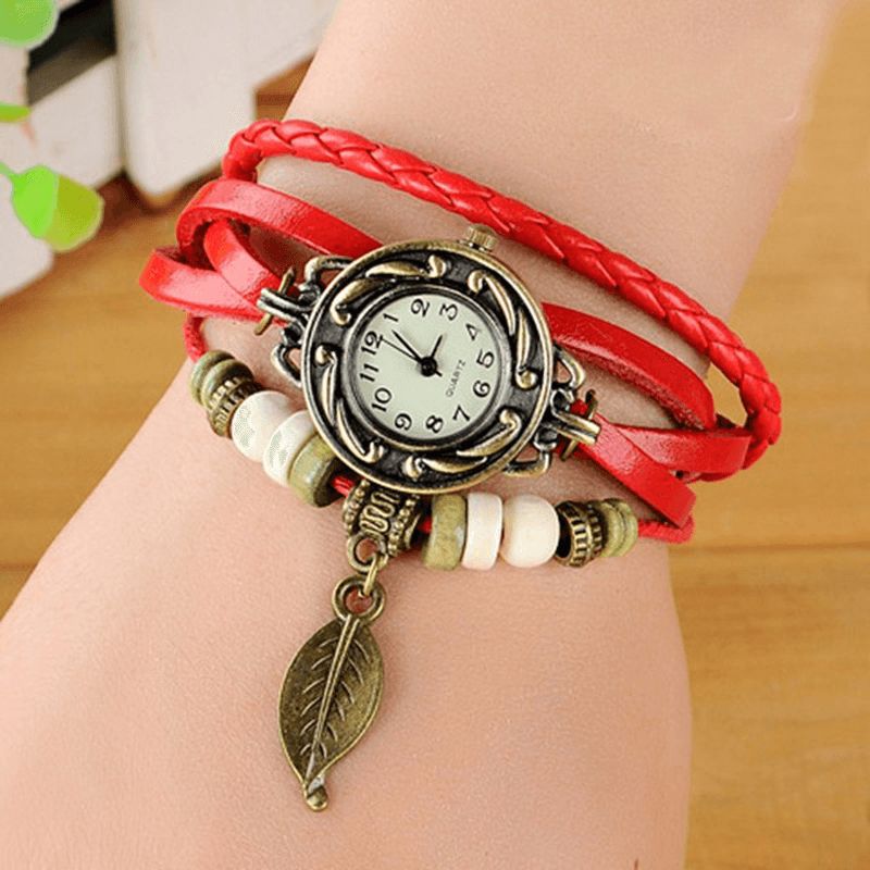 Mode Style Ethnique Feuille Motif Pu Bracelet En Cuir Femmes Bracelet Montre À Quartz Montre