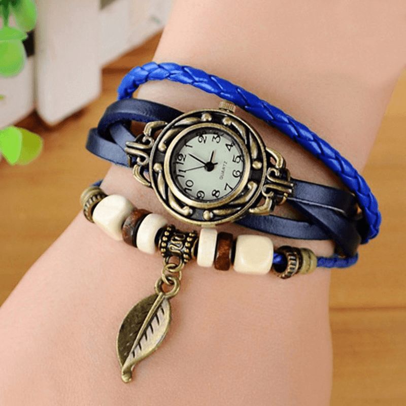 Mode Style Ethnique Feuille Motif Pu Bracelet En Cuir Femmes Bracelet Montre À Quartz Montre