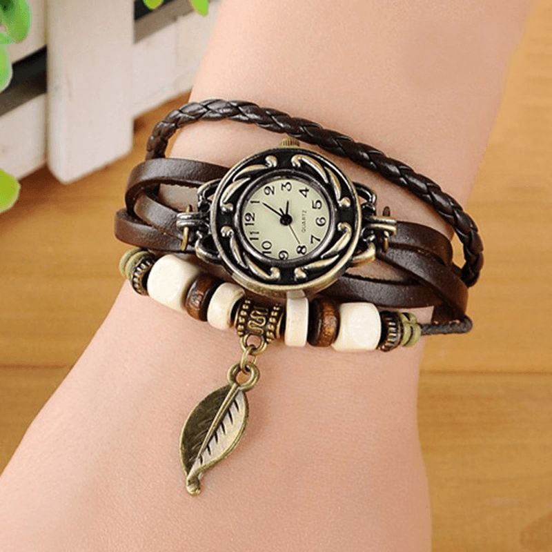 Mode Style Ethnique Feuille Motif Pu Bracelet En Cuir Femmes Bracelet Montre À Quartz Montre