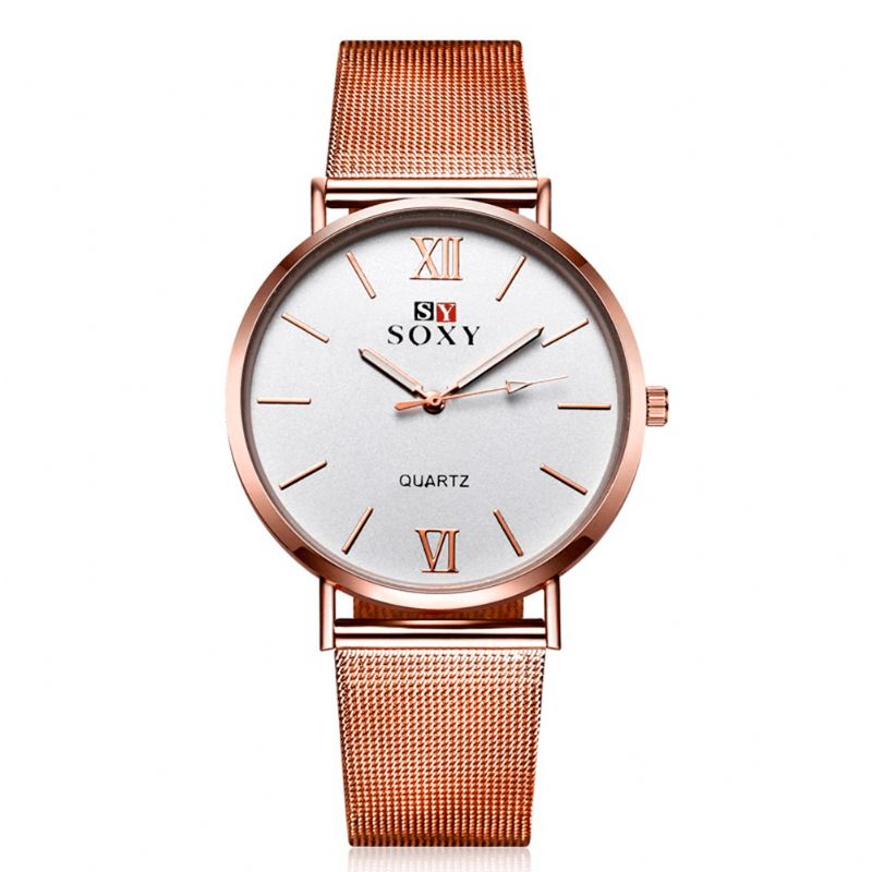 Mode Style Femmes Montre-bracelet Dames Robe Cadran Simple Or Rose Bracelet En Acier Inoxydable Montre À Quartz