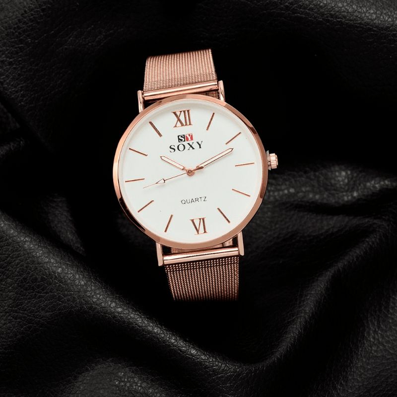 Mode Style Femmes Montre-bracelet Dames Robe Cadran Simple Or Rose Bracelet En Acier Inoxydable Montre À Quartz