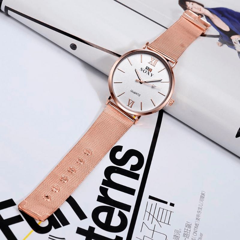 Mode Style Femmes Montre-bracelet Dames Robe Cadran Simple Or Rose Bracelet En Acier Inoxydable Montre À Quartz