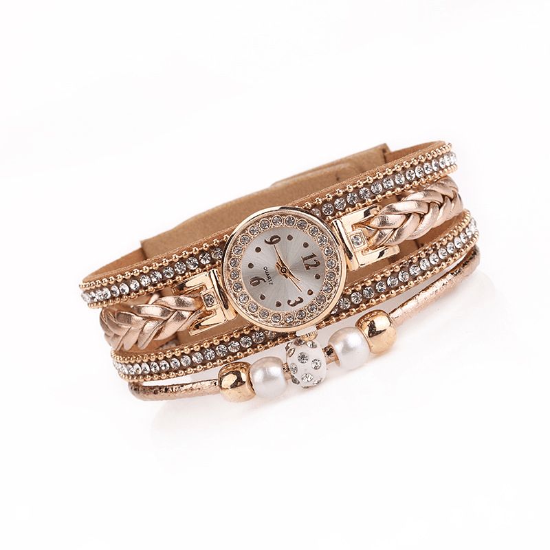 Mode Style Femmes Perle Tressé Alliage Femmes Montre-bracelet Laides Robe Quartz Montre Bracelet