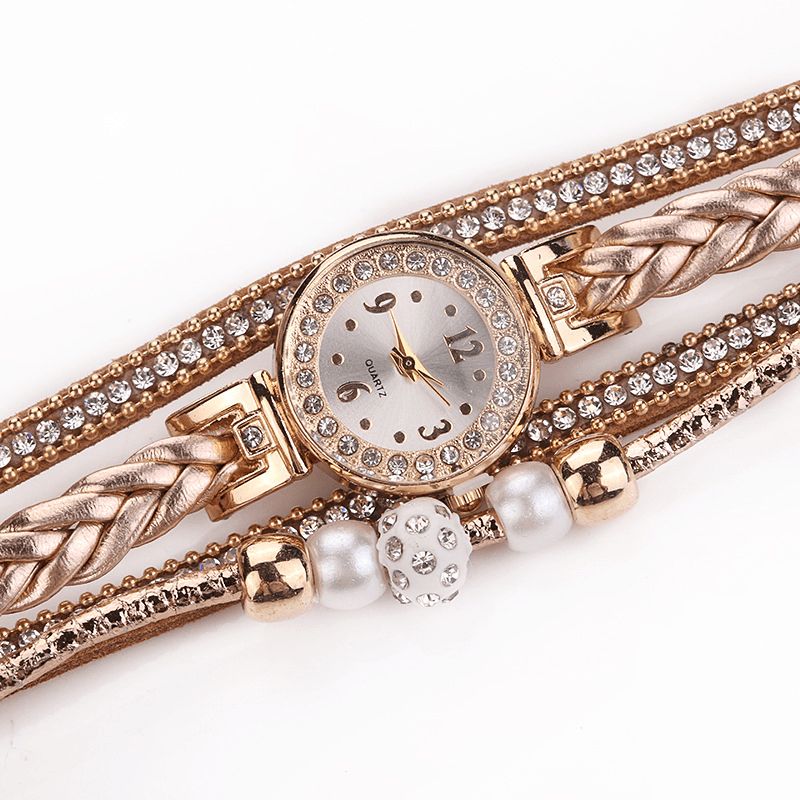 Mode Style Femmes Perle Tressé Alliage Femmes Montre-bracelet Laides Robe Quartz Montre Bracelet